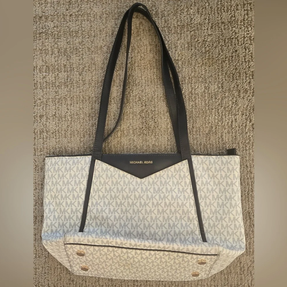 Michael Kors Jet Set MK Signature Vanilla Tote Bag Black Trim Shoulder Bag - Picture 13 of 15